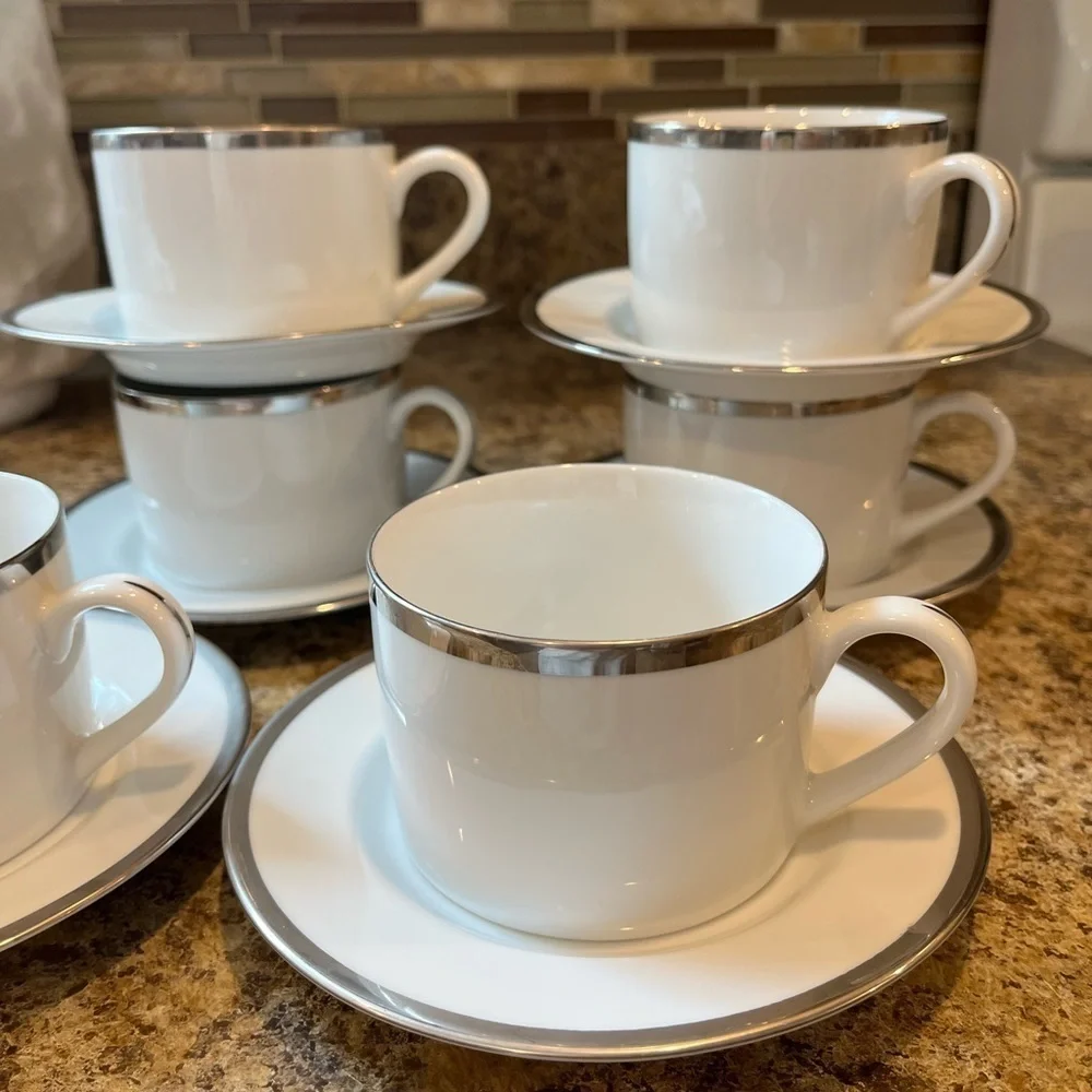 Pier 1 Monno Bangladesh Elegant White and Silver Tea Cups and Saucers Set of 6